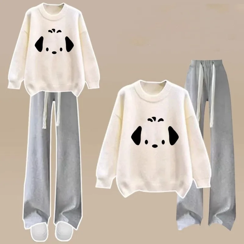

Women's Spring Autumn Cute Cartoon White Sweatshirts Wide Leg Pants Two Piece Suits 2025 Lady Casual Loose Tops Trousers Outfits