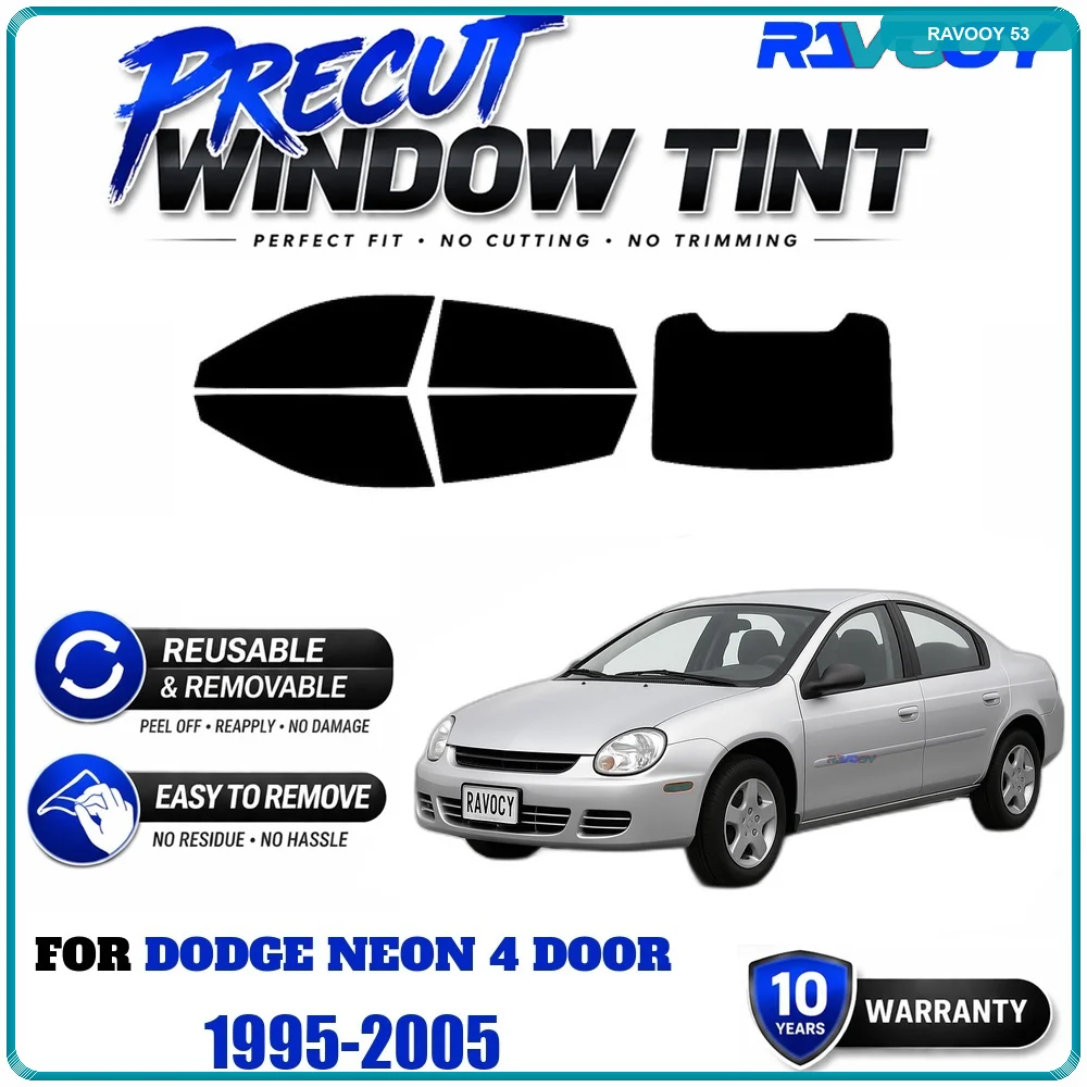 RAVOOY Precut Window Tint, Reusable Removable EPU Film, Custom Fit for Dodge Neon 4 Door 1995-2005, UV Heat Protection