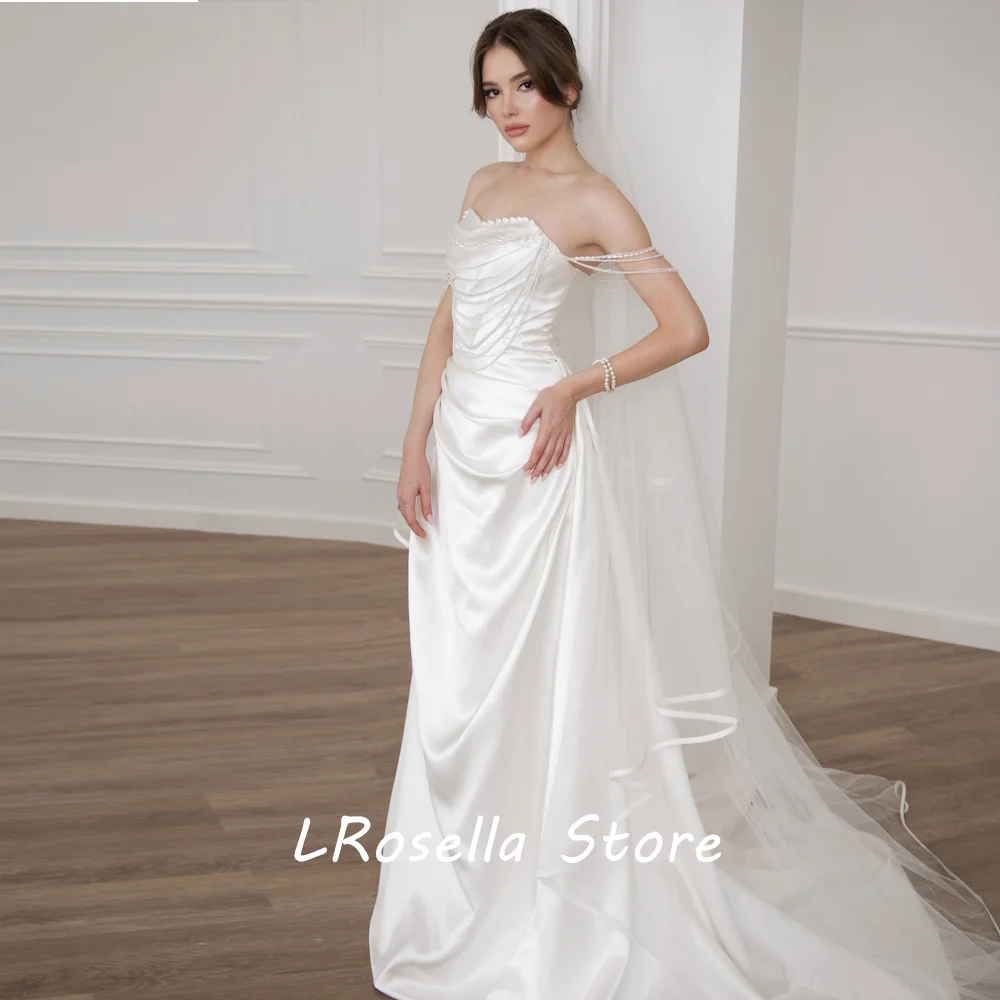 

LRosella Wedding Dress Different Pearl Pendants Strapless Satin Elegant Exquisite style Luxury فساتي2024 with Sweep Train