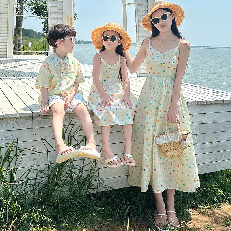 

2026 Summer Family Matching Outfits Polka Dot Print Cami Dress Cotton Soft Vacation Outfit for Mom Daughter Beach Photo Wear