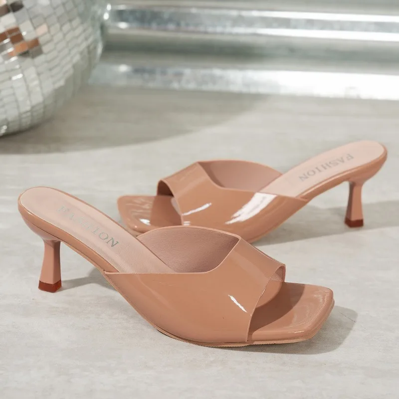 

New High Women's Sandals Thin Heel Summer Outdoor Slippers Women's Plus Size 42 Black WHite Square Toe Slippers Zapatos Mujer