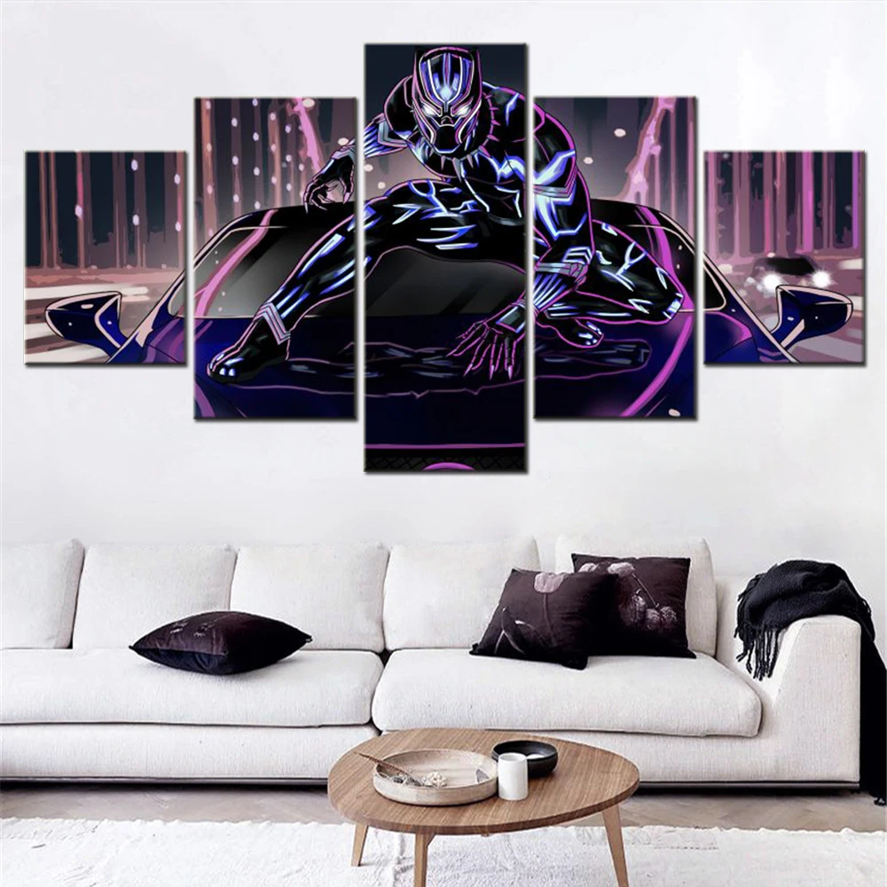 5 Pieces Canvas Wall Arts Poster Painting Black Digital Art Panther Wallpaper Modular Picture Print Home Decor For Living Room