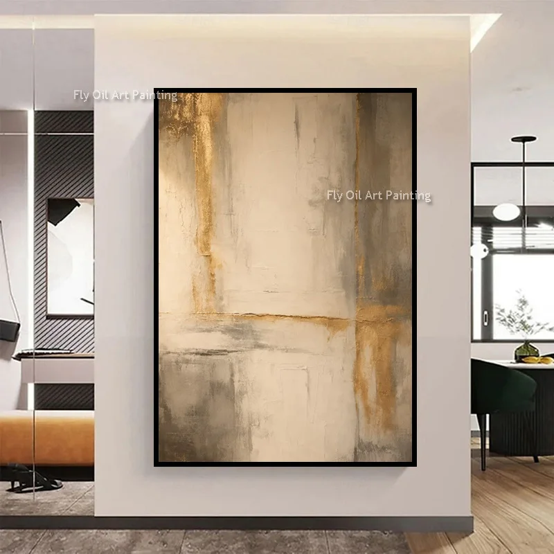 Beige Grey Vertical Gold Streak Canvas Art Hand Painted Impasto Oil Painting Wabi Sabi Entry Wall Decor