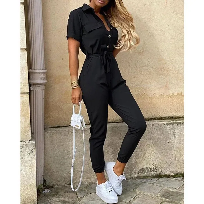 Sexy Bodysuit Women Rompers Jumpsuits Women's Monochromatic Belt Workwear Jumpsuit Casual Pants Flip Collar Buckle Streetwear