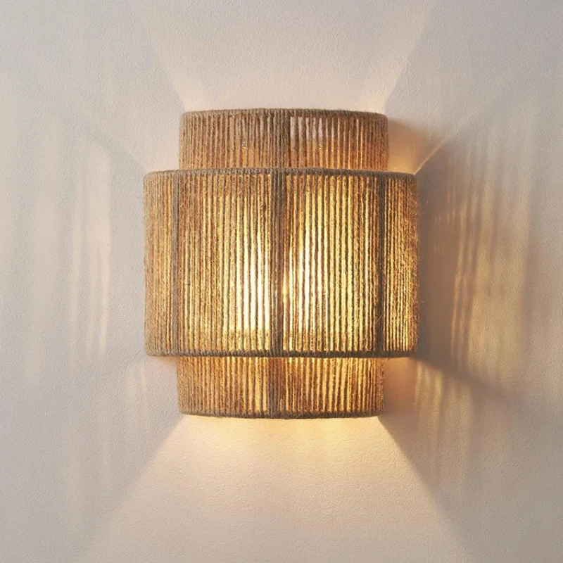 Retro Rattan Weaving Wall Lamp Shade LED E27 Chinese Design Hemp Rope Wall Sconces for Home Living Room Decor Lighting Fixtures