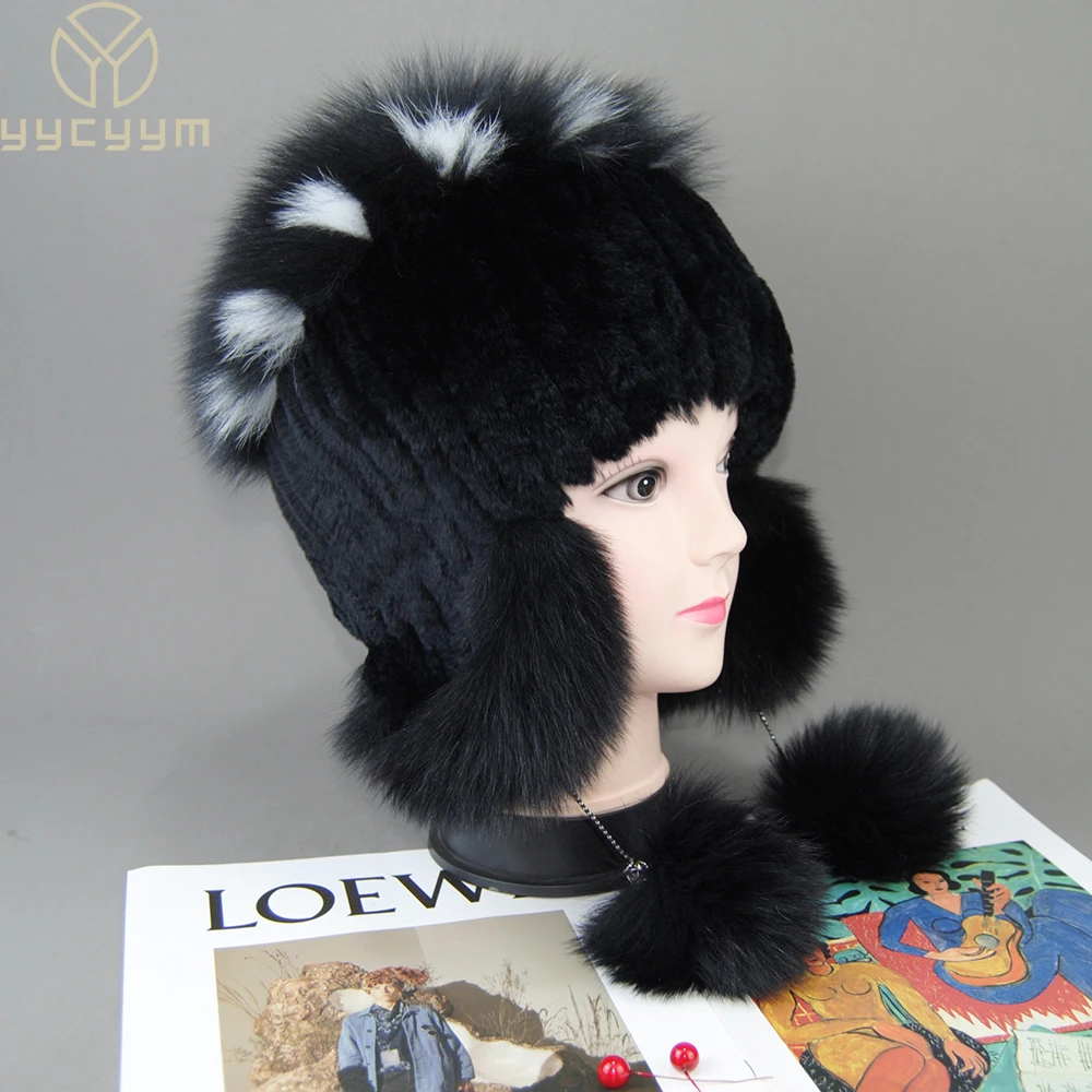 Russia New Style Women Real Genuine Fox Fur Beanies Hat Knit Winter Real Fur Hats Girls Natural Real Rex Rabbit Fur Skullies Cap