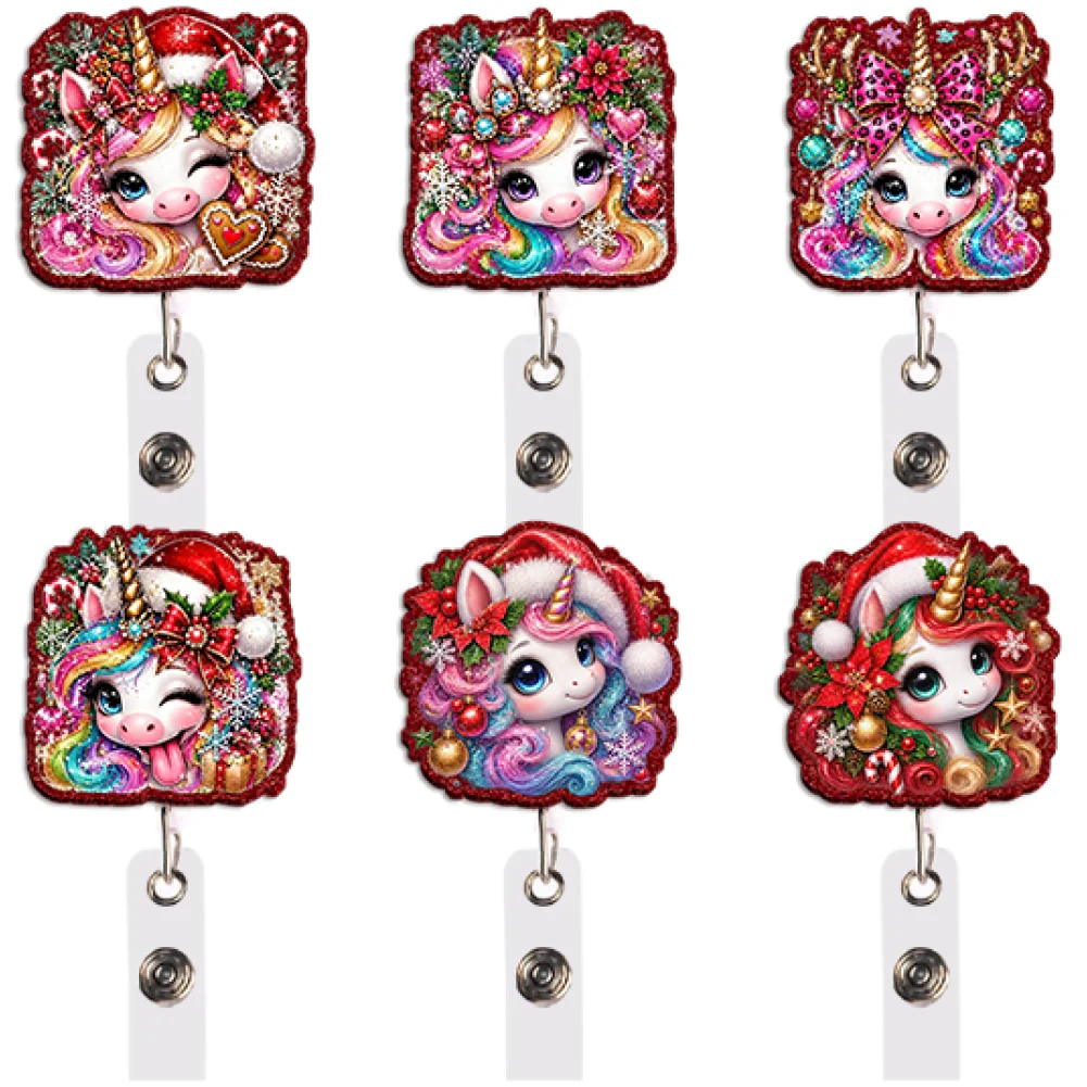 Christmas Candy Unicorn Badge Reel Set 6 Pcs Retractable with Clip for Work ID Card Holder Decor