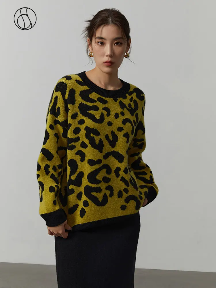 

DUSHU 30.4% Wool Round Neck Leopard Print Sweatshirt Women Winter Warm Drop Sleeve Loose Sweaters Women Chic Knitting Pulovers