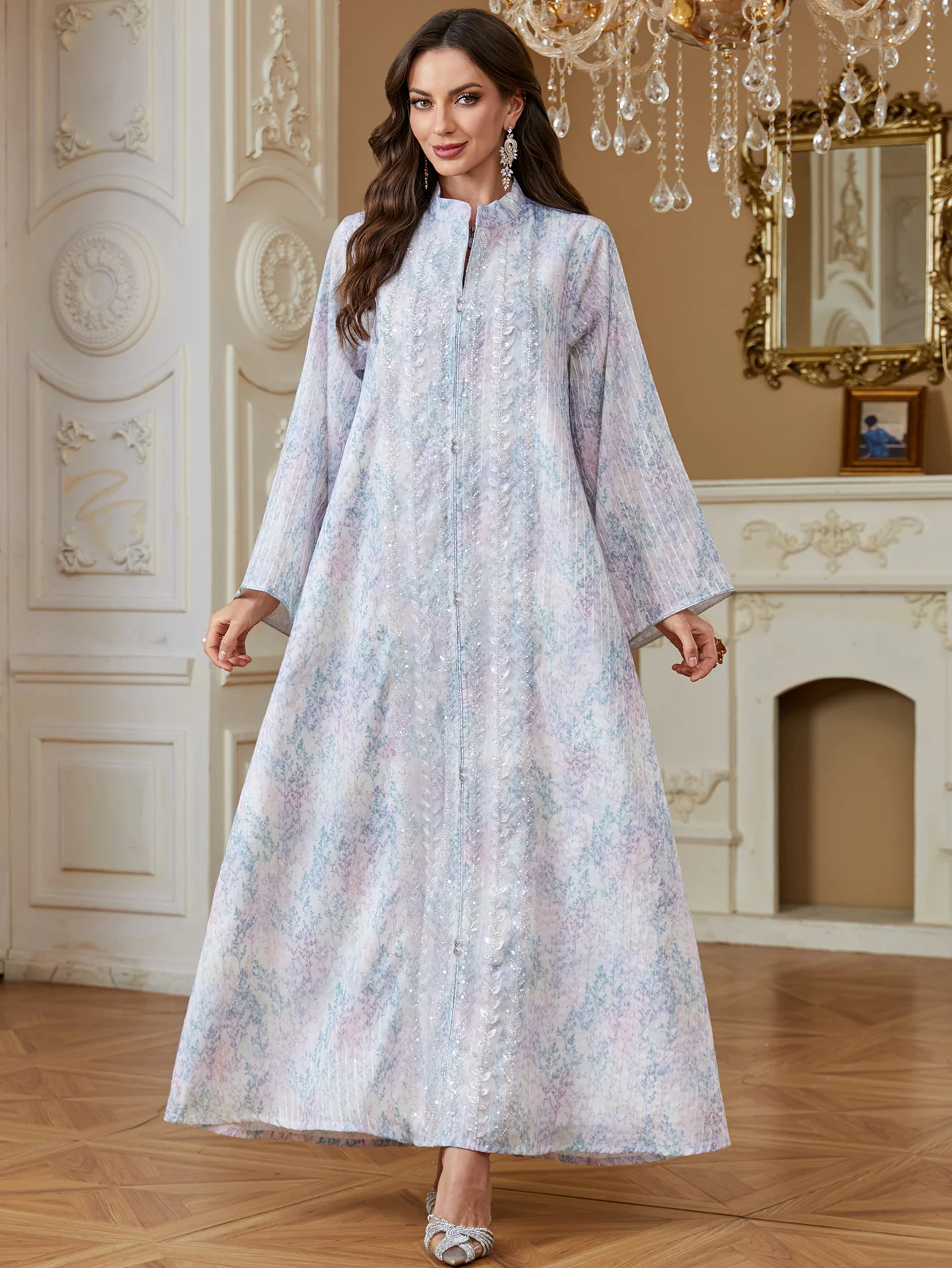 

Fashionable Beaded Print Maxi Dress Women's Oversize A-Line Gown Ethnic Style Long Sleeve Hooded Party Dress for Ladies