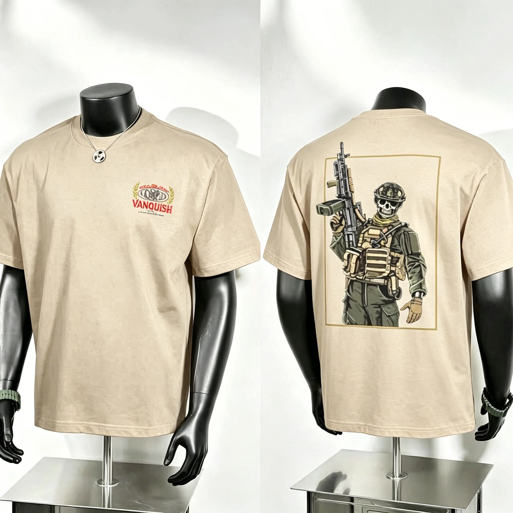 American Comic Style Art T Shirt, Vanquish Themed with Framed Skeleton Tactical Warrior and Rifle Back Print