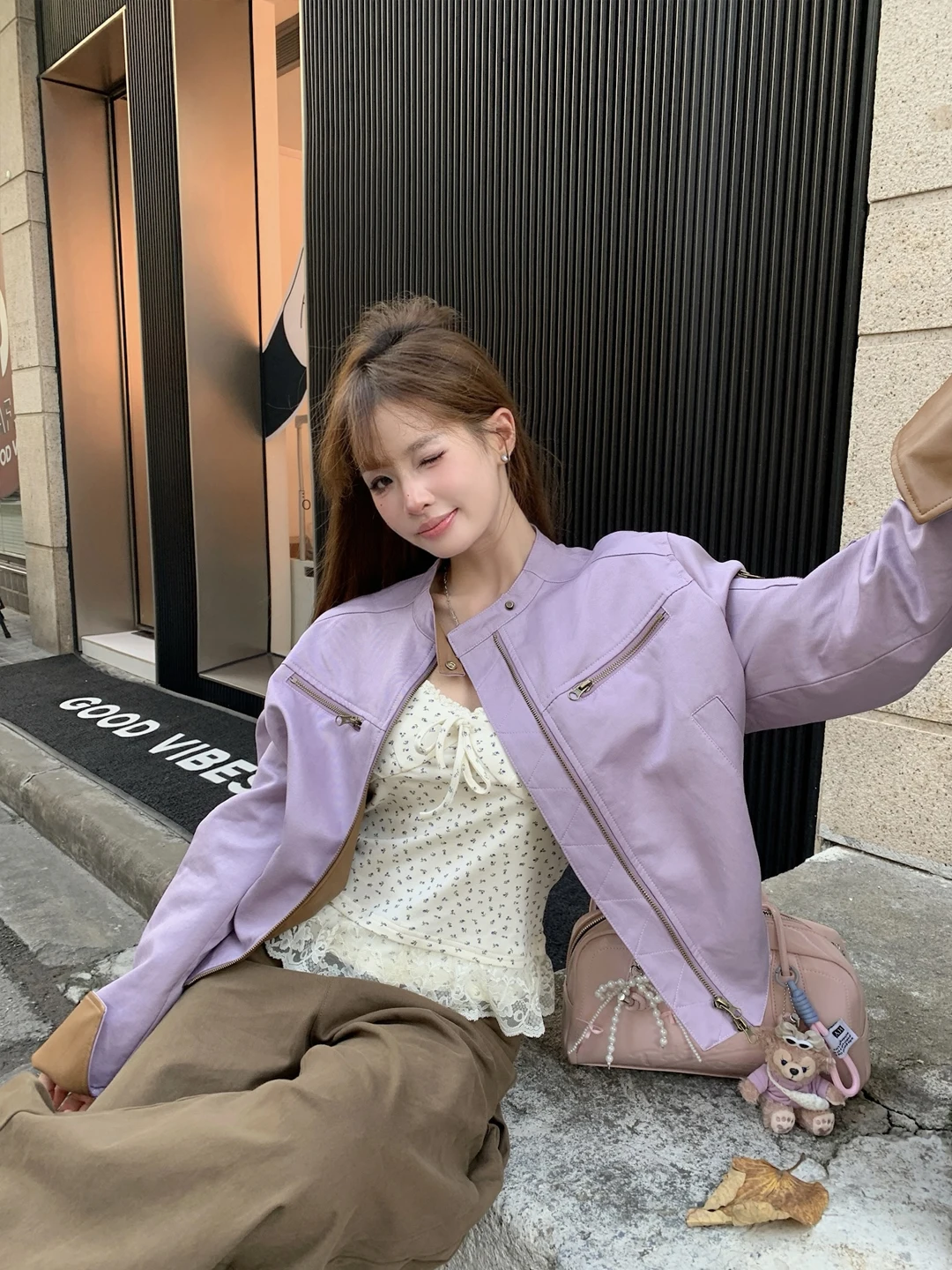 New 2026 Women's Loose Long Sleeve Pure Color Patchwork Leather Jacket Fashionable Slimming Top Outerwear Autumn Purple