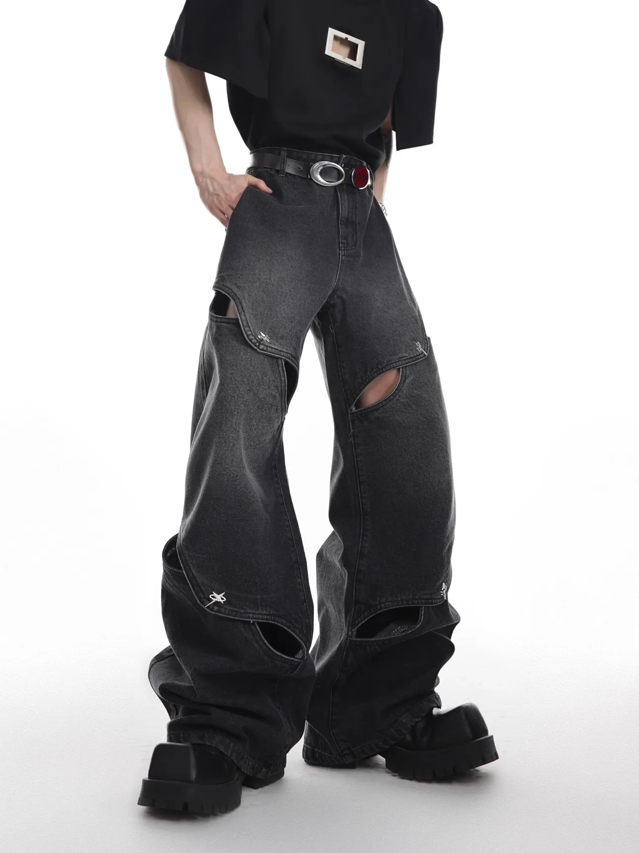 

American Sle Decosition Metal Button Design Wide Leg Men's Jeans Heavy Embroidery Hollow Loose Straight Tube Pants
