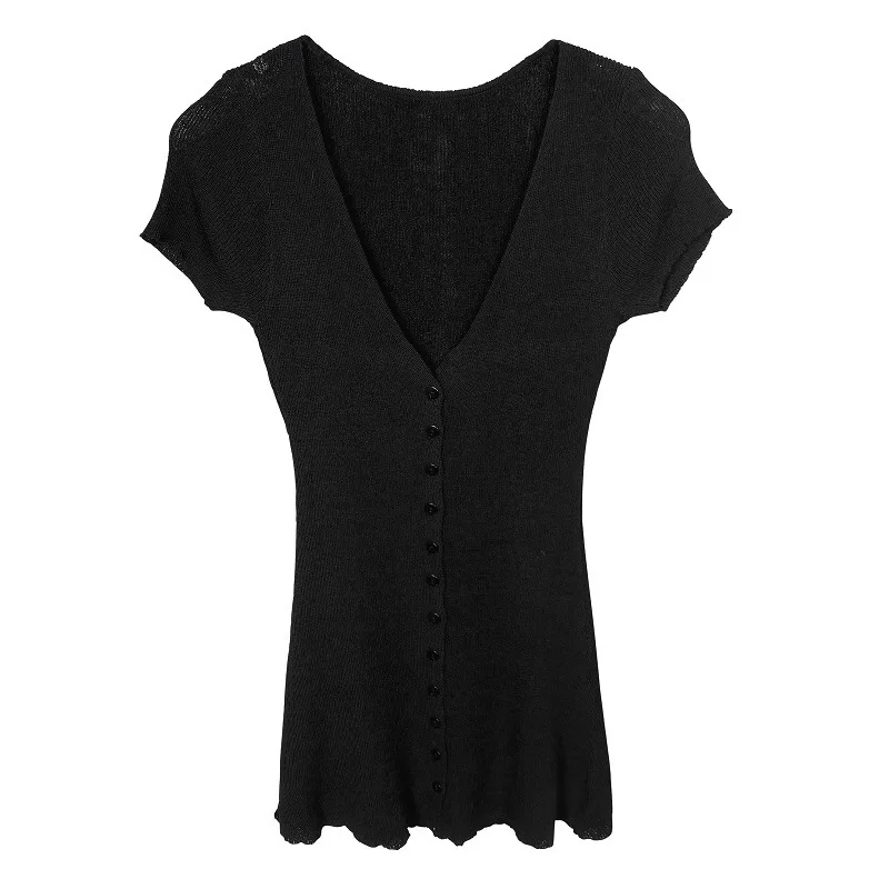 الكورية ضئيلة مثير المؤنث الرغبة النقية الخامس الرقبة قصيرة واحدة الصدر قصيرة الأكمام محبوك فستان أنيق موضة النساء 35MN