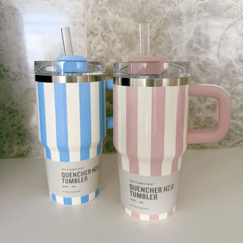 جديد مخطط 20 أوقية مقبض سيارة كوب 304 ترمس من الفولاذ المقاوم للصدأ كوب المحمولة كوب بقشة زجاجة ماء الموضة التخييم فنجان القهوة