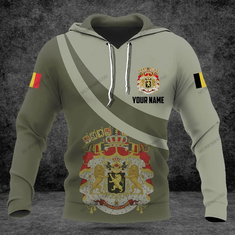 

Custom Name Belgium Emblem Olive Graphic Hoodies Autumn Unisex Loose Oversized Long Sleeve Tops Soft Casual Fast Dry Sportswear