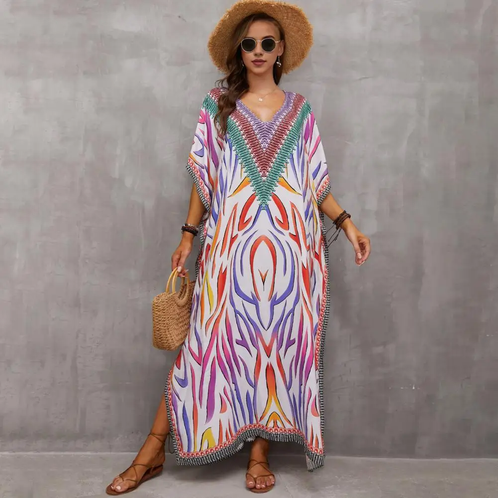 Side Slit Dress Cover Up Loose Resort Robe Vibrant Color Print Beach Cover Up Dress V-neck Short Sleeve Loose Fit for Vacation