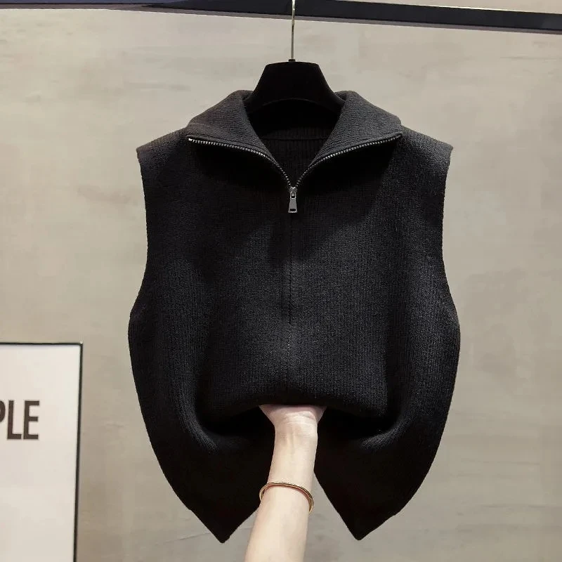 مزدوجة سستة المرأة محبوك سترة سترة ربيع الخريف الوقوف طوق سترة دون أكمام سترة الصلبة صدرية لباس خارجي سترة علوية #3