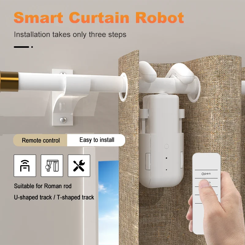 Smart Curtain Motor with Remote Button Control 3in1 Track for Home Automation Window Treatment Pull-to-start, 15KG Load Capacity