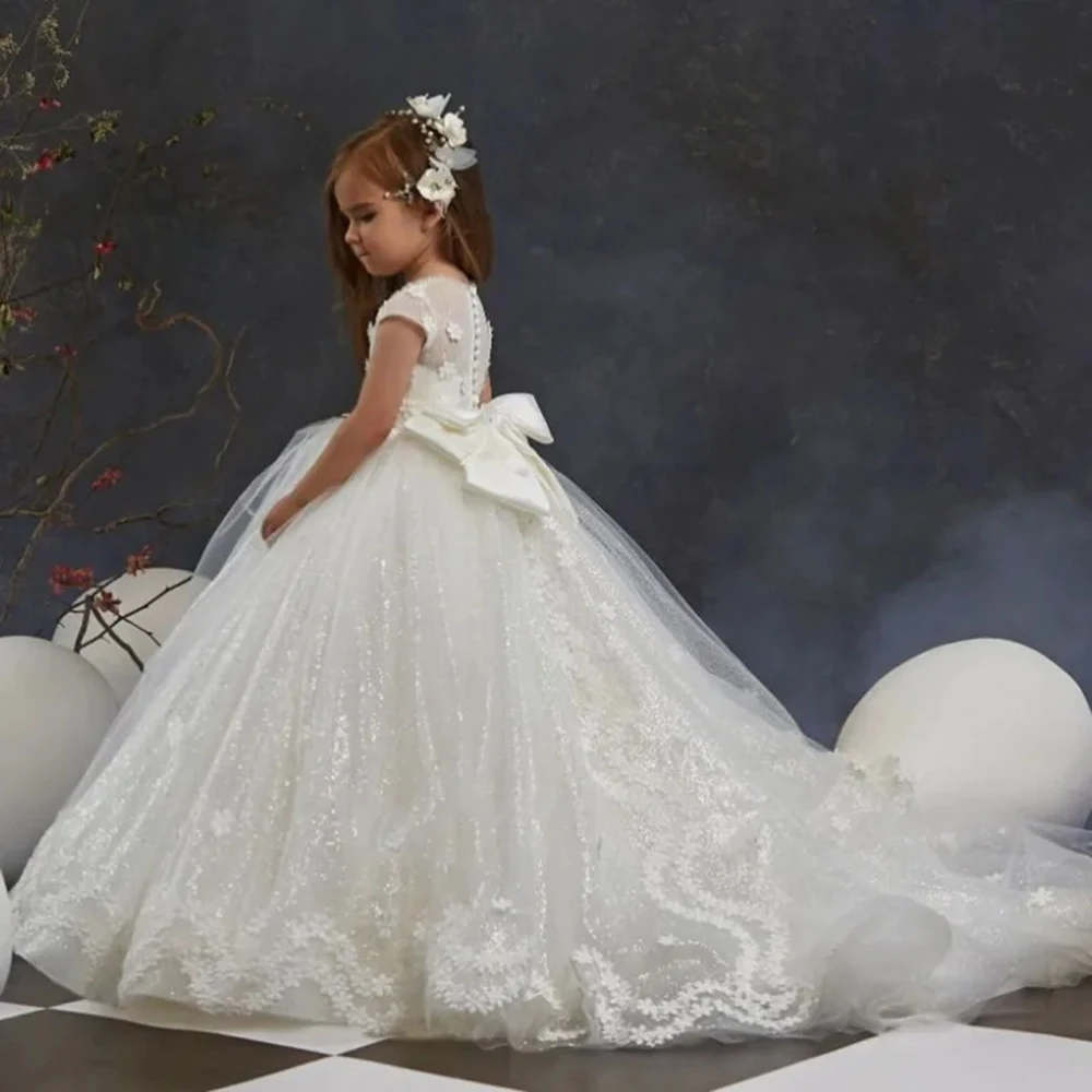 Flower Girl Dresses for Wedding 3D Floral Applique Big Bow Back Lace Tulle Puffy Ball Gown First Communion Pageant Birthday Gown