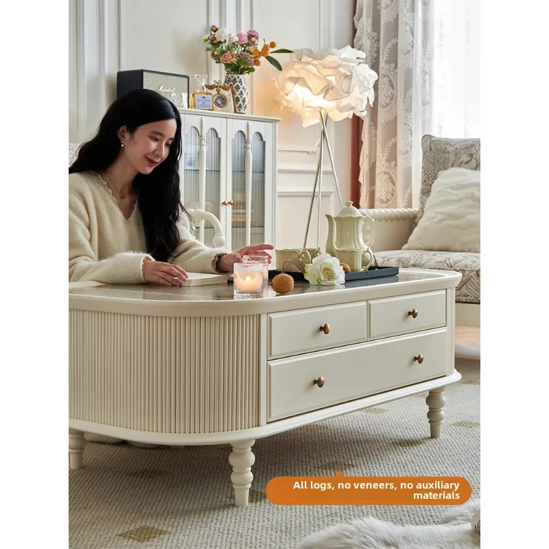 French white cream style coffee table light luxury high-end solid wood home living room 2024 new oval Changhong glass
