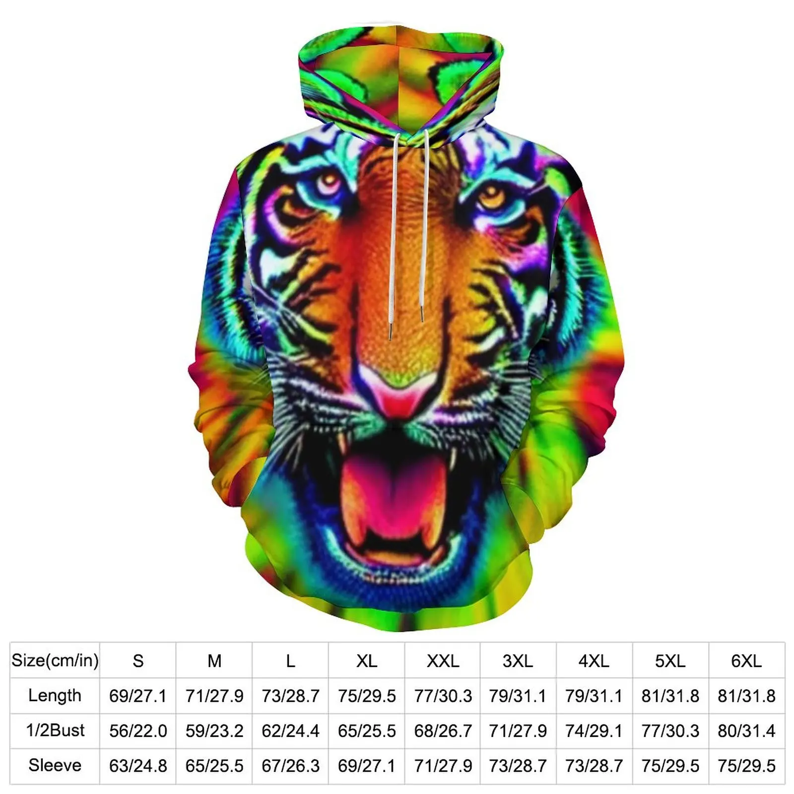 Tie Dye Tiger Loose Hoodies Colorful Animal Korean Fashion Hoodie Male Long Sleeve Hip Hop Design Hooded Sweatshirts 4XL 5XL 6XL