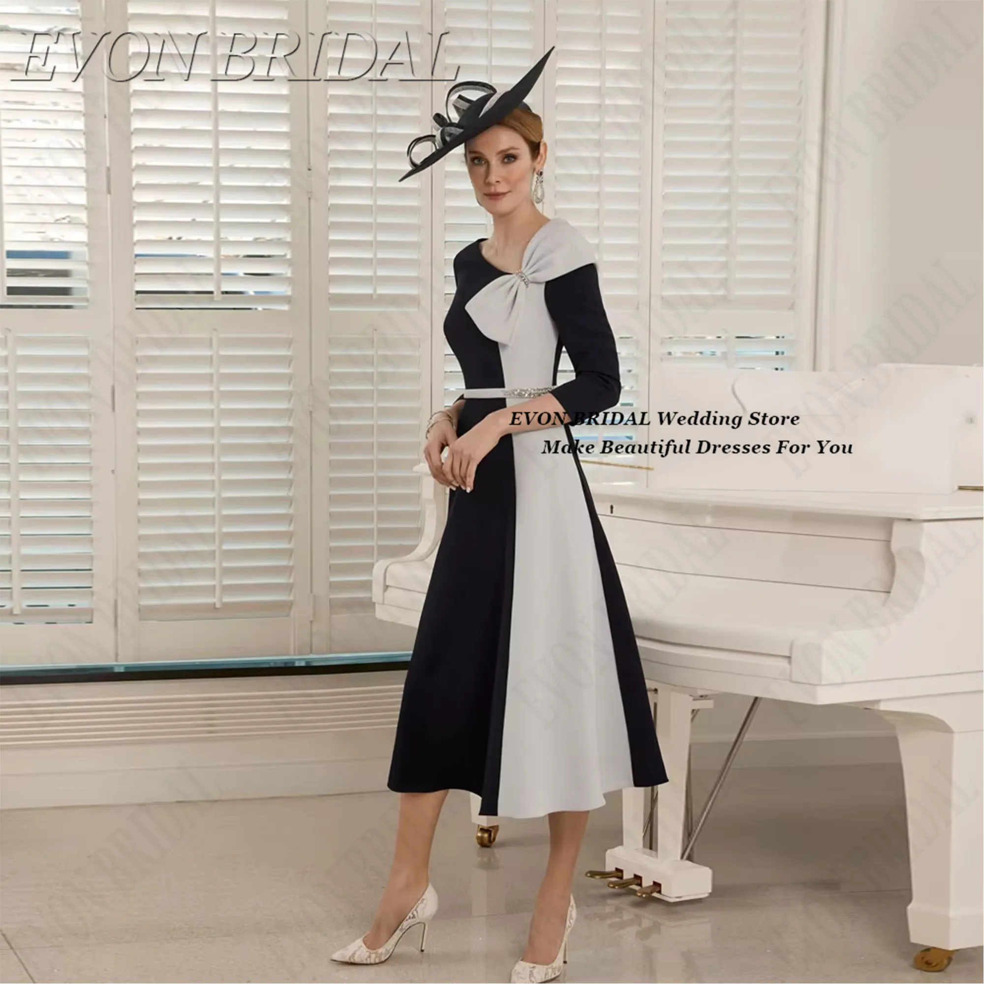 

EVON BRIDAL Elegant Bow Evening Dress For Women A-Line Color Clash Evening Party Dress Classic Short Sleeve Prom Gowns Customize