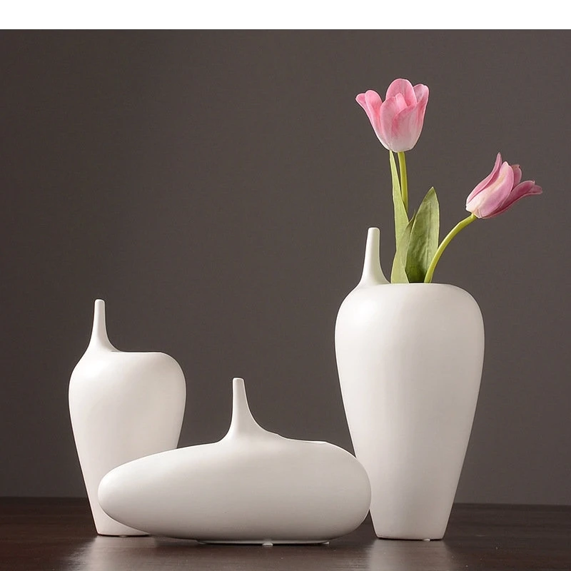 Minimalism White Ceramic Vase Desk Decoration Artificial Flowers Flower Pots Slender Bottle Mouth Porcelain Vases