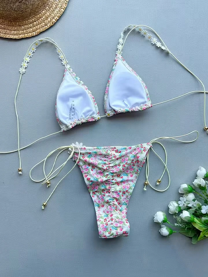 

AOTVOTEE Women Sexy 3D Floral Print Laced Up Bikini 3 Piece Set Split Swimsuit Beach Bikini 2025 New Summer Swimwear Bikinis Set