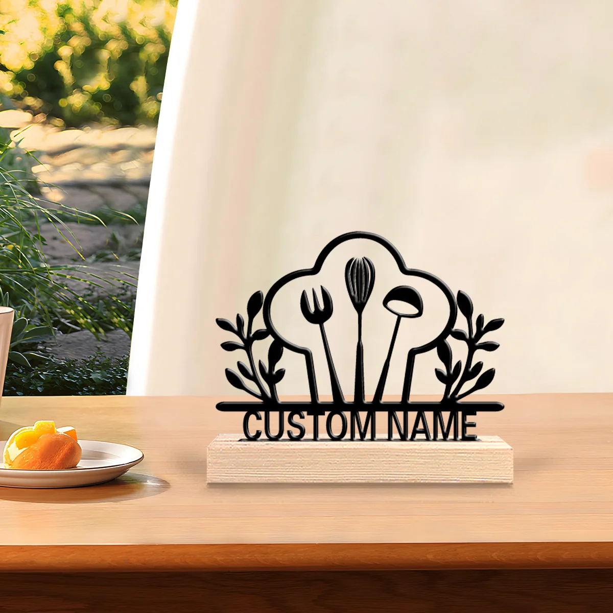 1pc Simple Flowers and Tableware Customizable Letter Metal Statue Iron Ornament Crafts With Wood Base Tin Sculpture Home Table