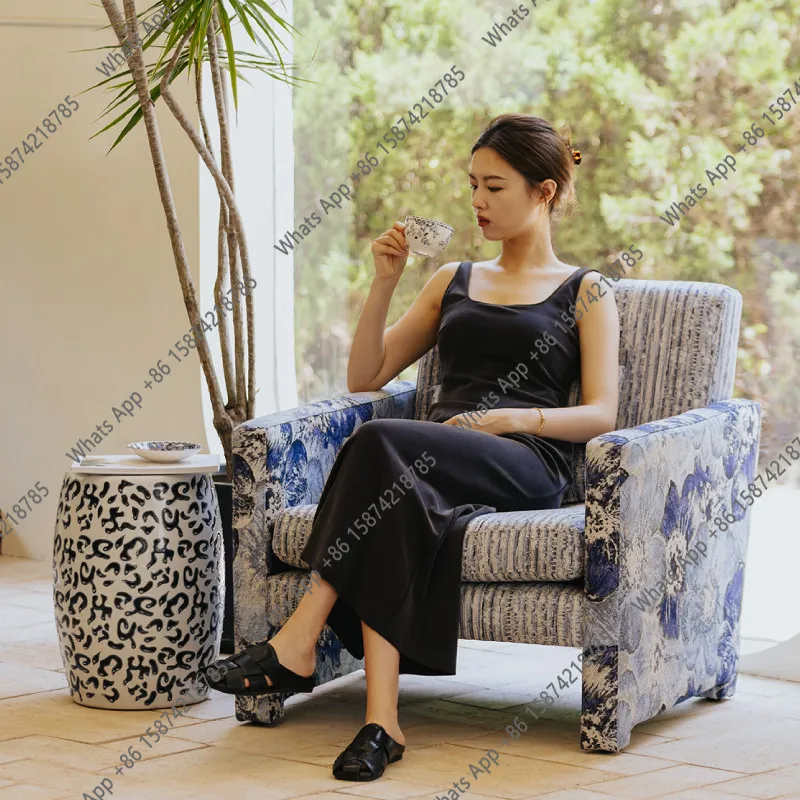 Blue medieval Italian single sofa haute couture modern leisure chair light luxury living room