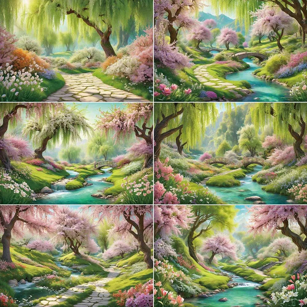 

MOON.QG Natural Spring Photo Backdrop Green Tree Pink Flower River Photo Background Home Decoration Photography Studio Supplier