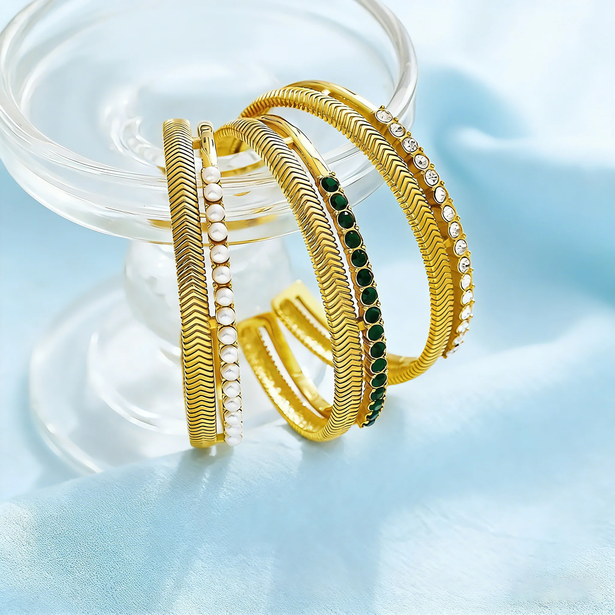 Vintage Textured 18K Gold Plated Stainless Steel Cuff Bracelets Women Zircon Pearl Stackable Daily Casual Gift Jewelry