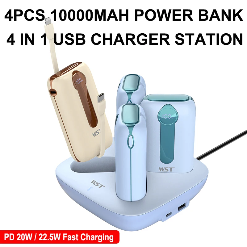4 in 1 Charger Station 4x 10000mAh Power Bank 22.5W Fast Charging Portable Charger Powerbank for iPhone 17 Xiaomi Samsung Huawei