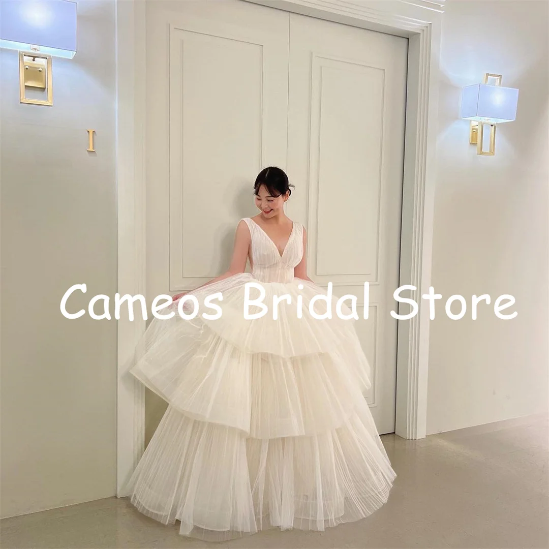 

2023 V-Neck Korea Bride Dresses 웨딩드레스 Wedding Dress Tulle Princess Tiered Ruched Ivory Bowtie Evening Dress Ivory Bridal Gown