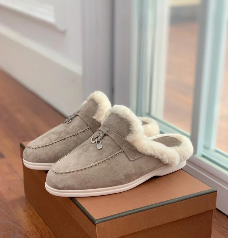 Metal Lock Half Slippers Women Sheepskin Suede Wool Warm Autumn Winter Slip on Women Mules Round Toe Casual Slides Women Shoe