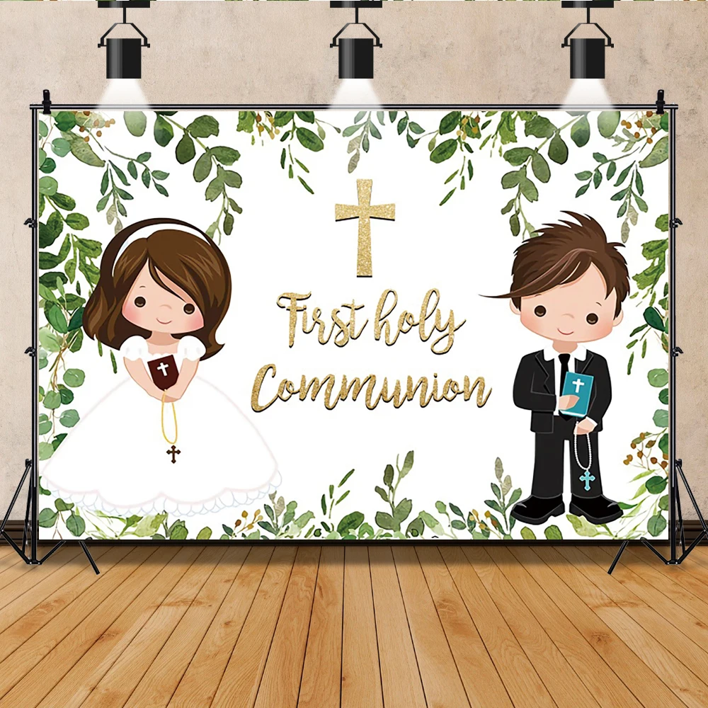 First Holy Communion Photography Backdrop Newborn Christening God Bless Gold Cross Grail Green Leaf Boy Girl Baptism Background