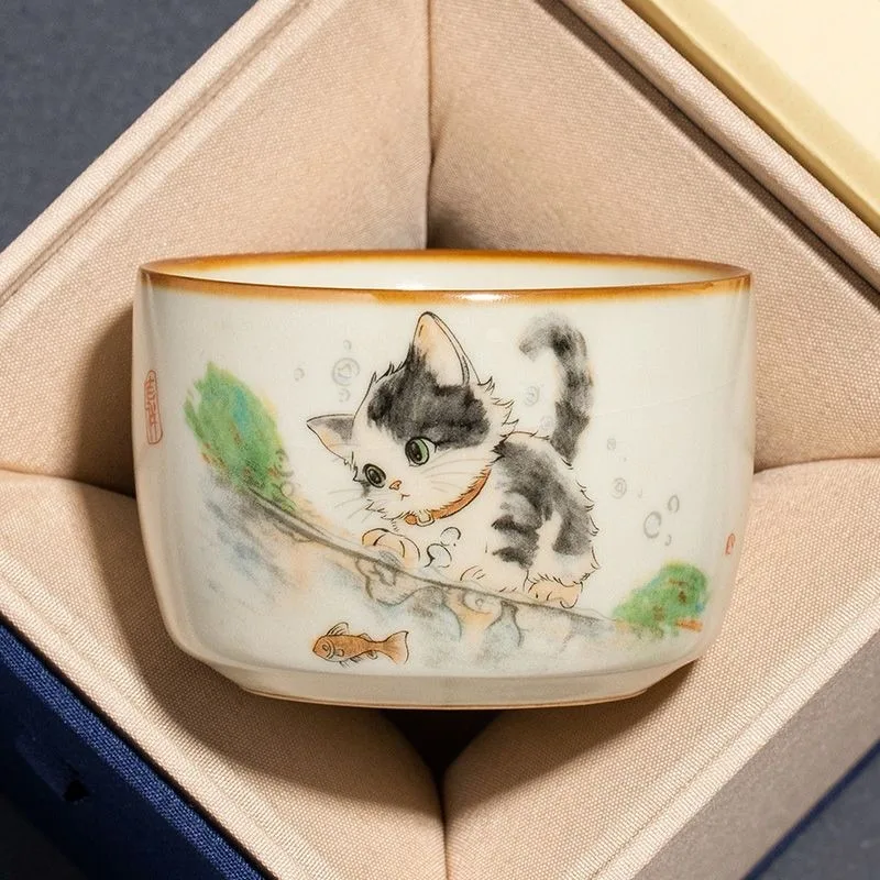 Ru Kiln Cat Owner Cup Premium Personal Kung Fu Tea Cup, Single Custom Tea Tasting Cup for Tea Lovers, Unique Gift