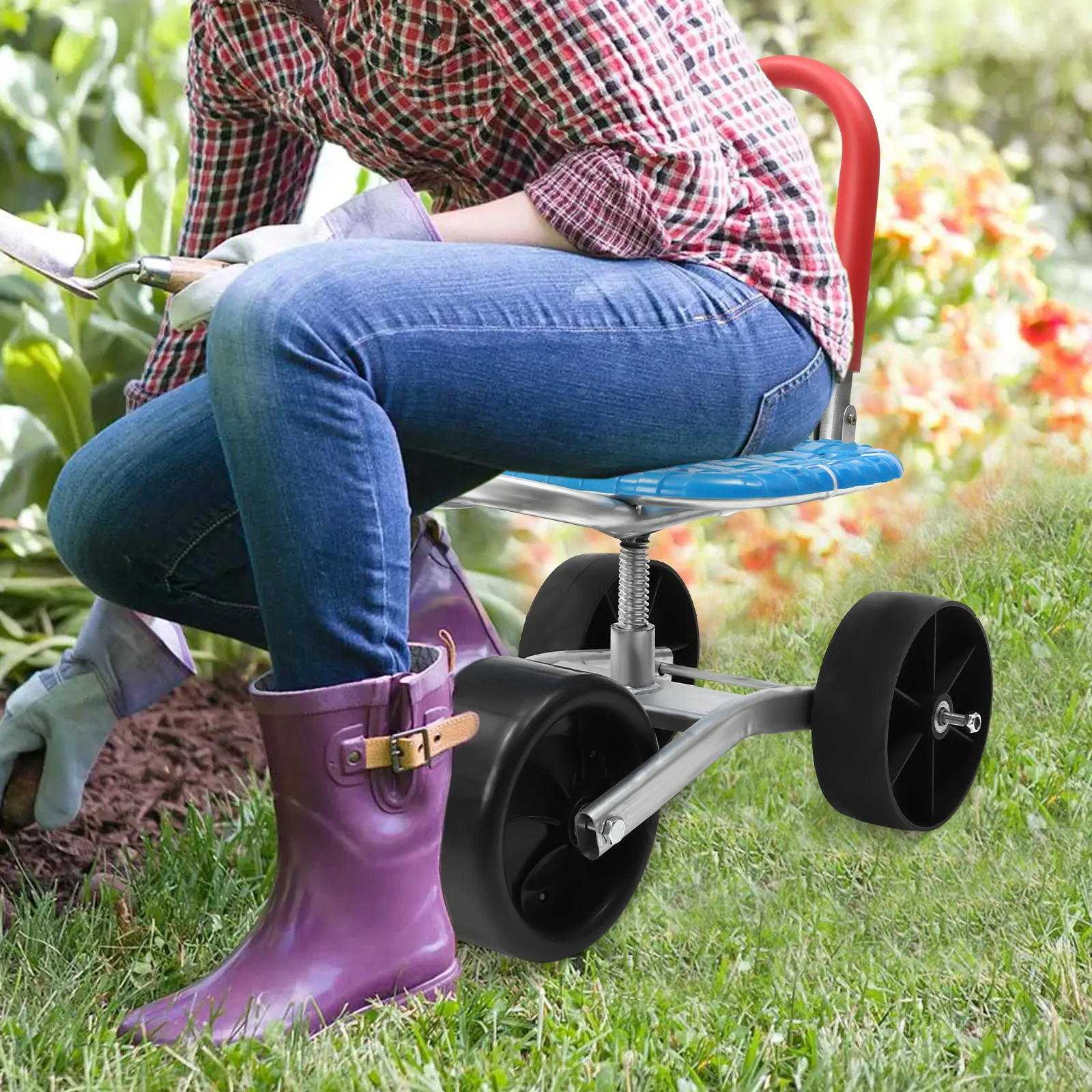 Wózek ogrodowy z siedziskiem, stołek ogrodowy na kółkach, hulajnoga, wózek roboczy z regulacją wysokości, stołki ogrodnicze obracane o 360 stopni. °   Obrotowy