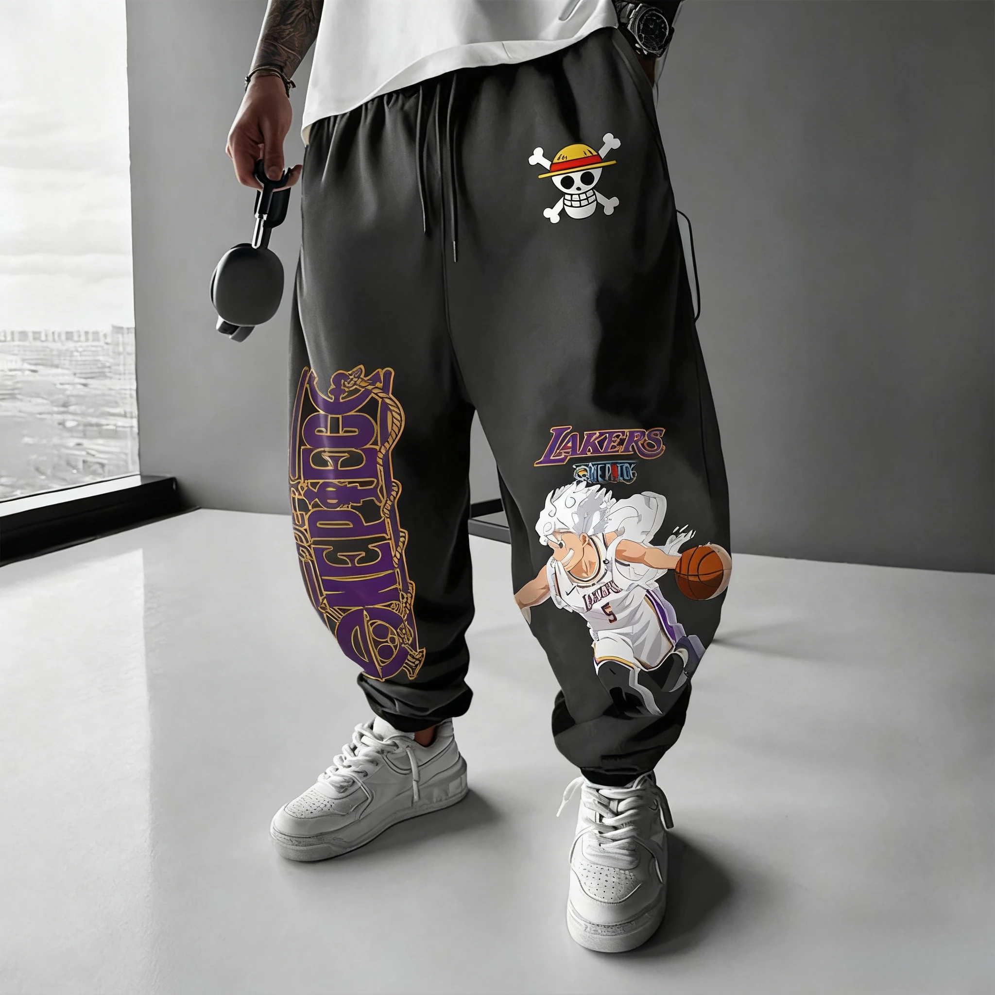 Calças estampadas periféricas de animação japonesa Luffy de uma peça, leggings de algodão esportivas americanas da moda de outono para homens e mulheres