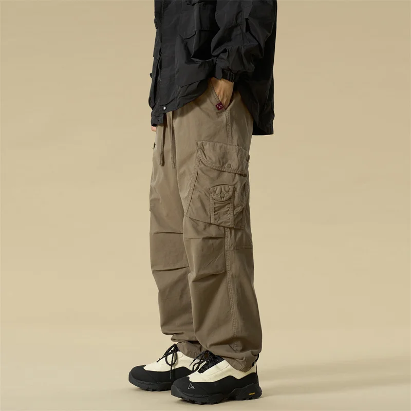 الخريف الشتاء هونغ كونغ نمط الرجال سراويل تقليدية فضفاضة واسعة الساق القطن مستقيم الساق مرونة الخصر المألوف في سن المراهقة الحجم #3