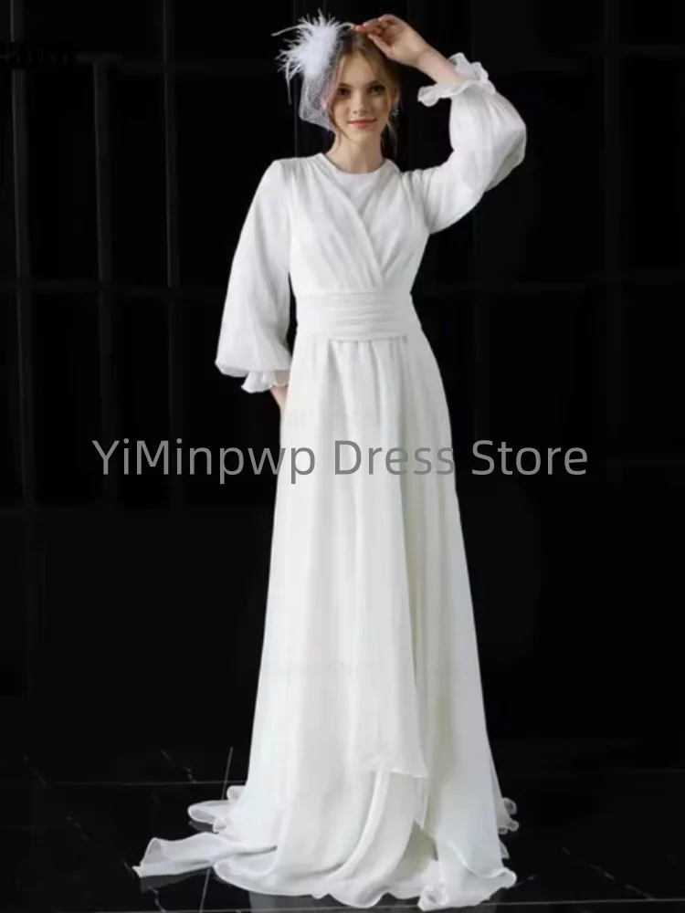 ชุดแต่งงานเรียบง่าย คอทรงโอ แขนพองทรงเอไลน์ สำหรับเจ้าสาวชาวมุสลิม ผ้าชีฟอง สามารถสั่งตัดได้