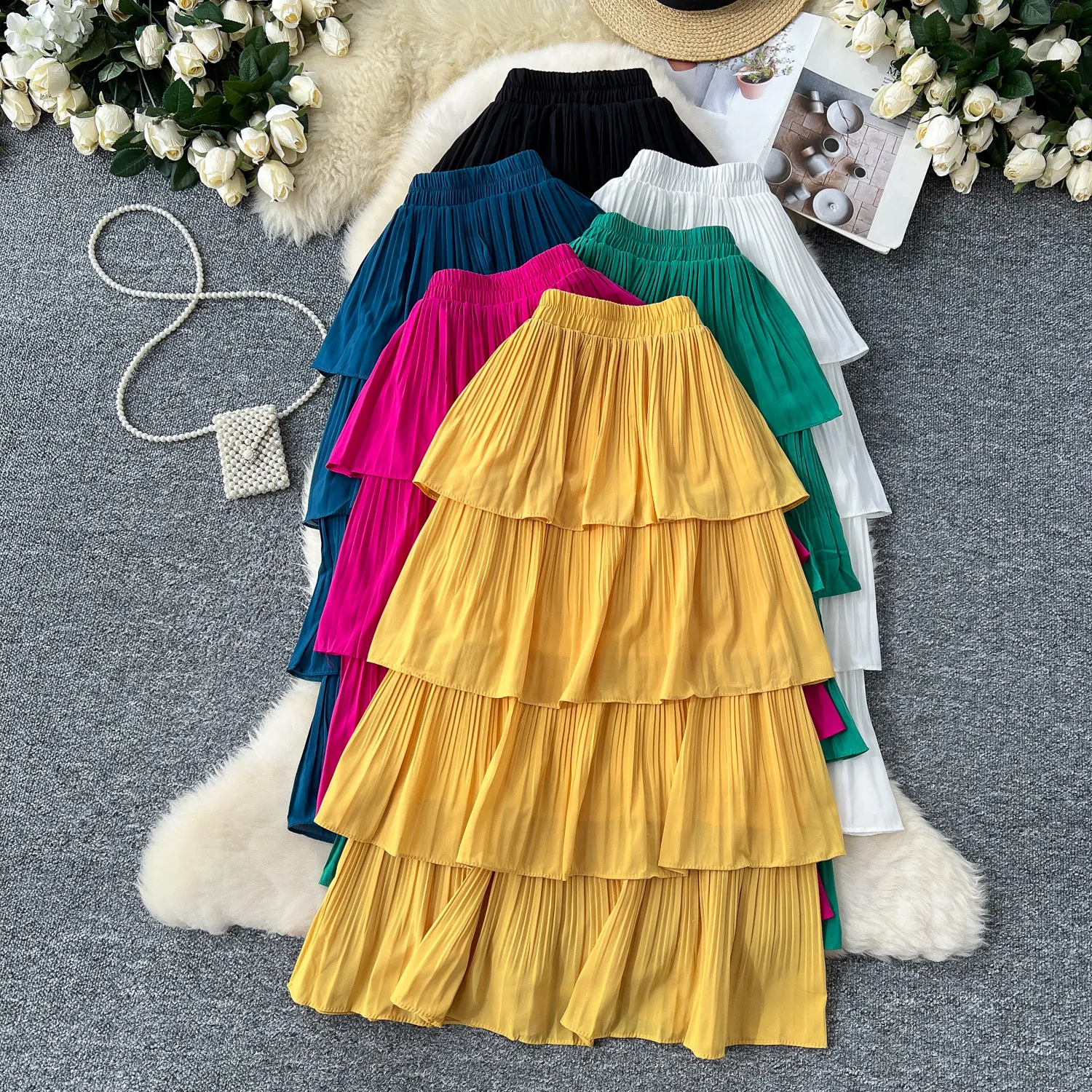 

Юбка-плиссе из шифона с оборками, женская, весна-лето-осень, модная, с эластичной высокой талией, для танцев, белая, длинная, для вечеринок