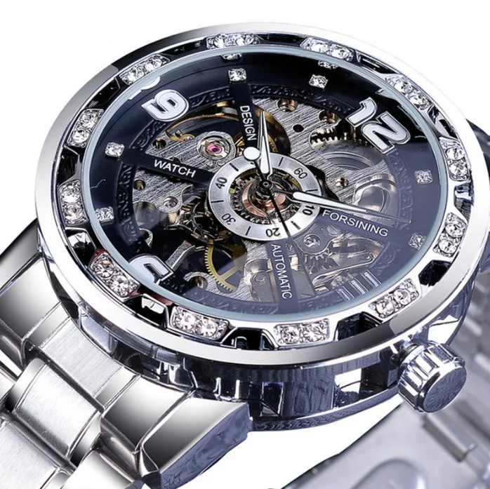 2024 new men\'s fashionable casual classic popular hollowed out rhinestone manual mechanical watch