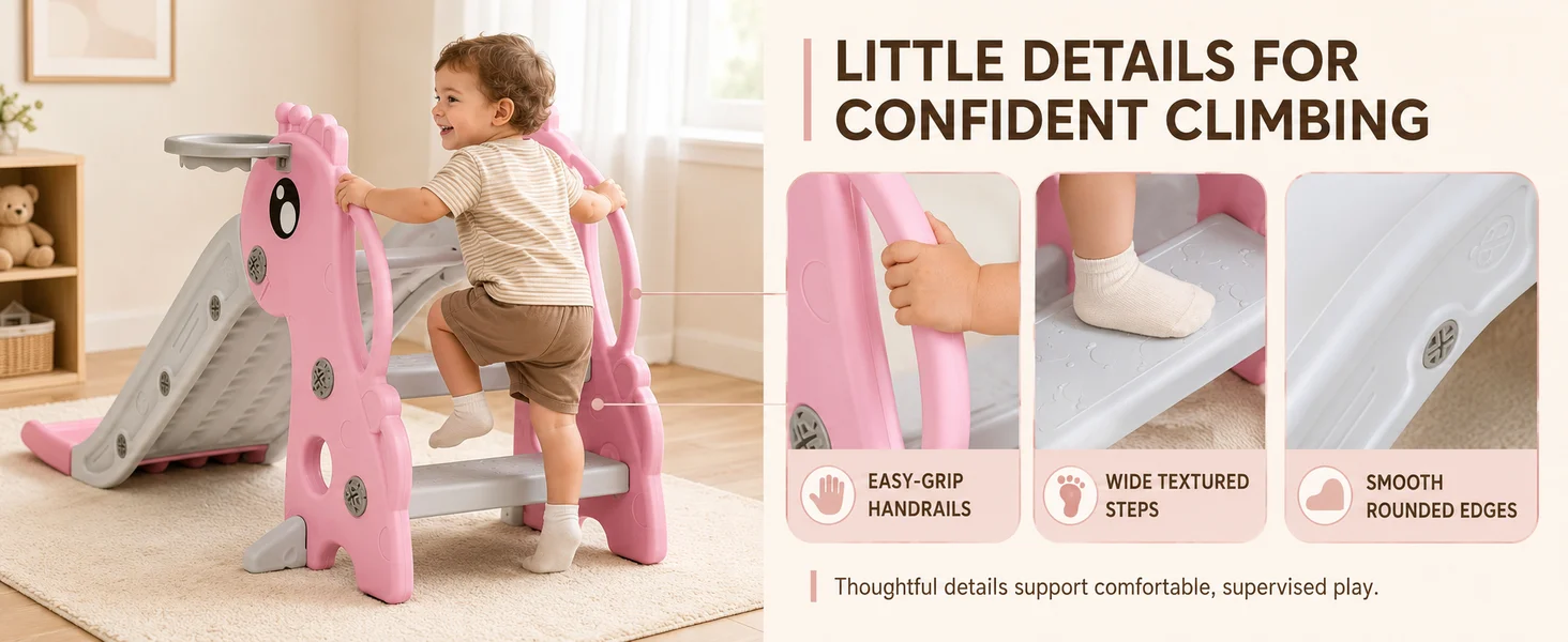 Text reads "LITTLE DETAILS FOR CONFIDENT CLIMBING" with product labels showing pink climbing holds. Child using pink climbing structure with safety features highlighted including non-slip surface, weight capacity, and safety edges.