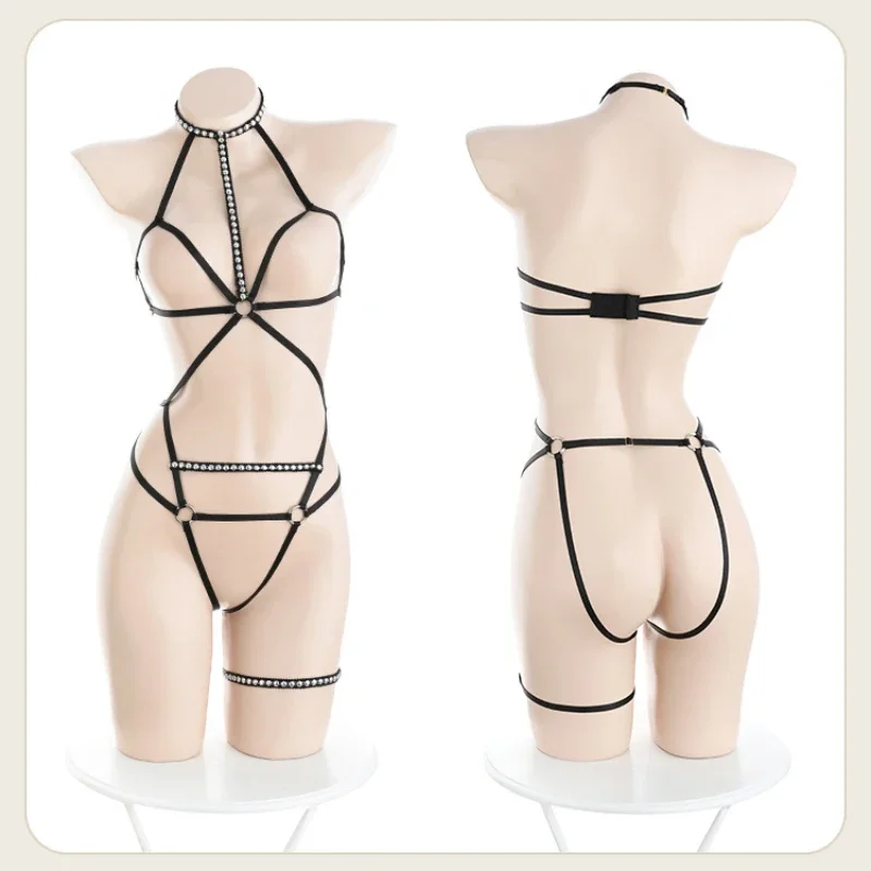 Plus Size Women Rave Wear Bodysuit Harness Mesh Perspective Open Crotch Lingerie Dress Pole Dance Night Clubwear BDSM Costume