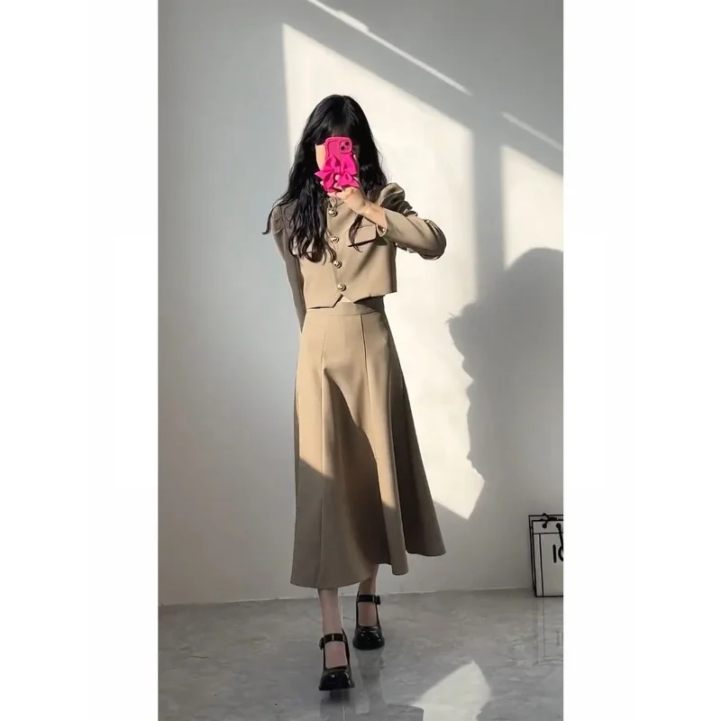 Insozkdg Skirt Suit Solid Hepburn Style Loose Casual Chic Blazers  Tops A-line Pleated Long Skirts Korean Style Two Piece Sets