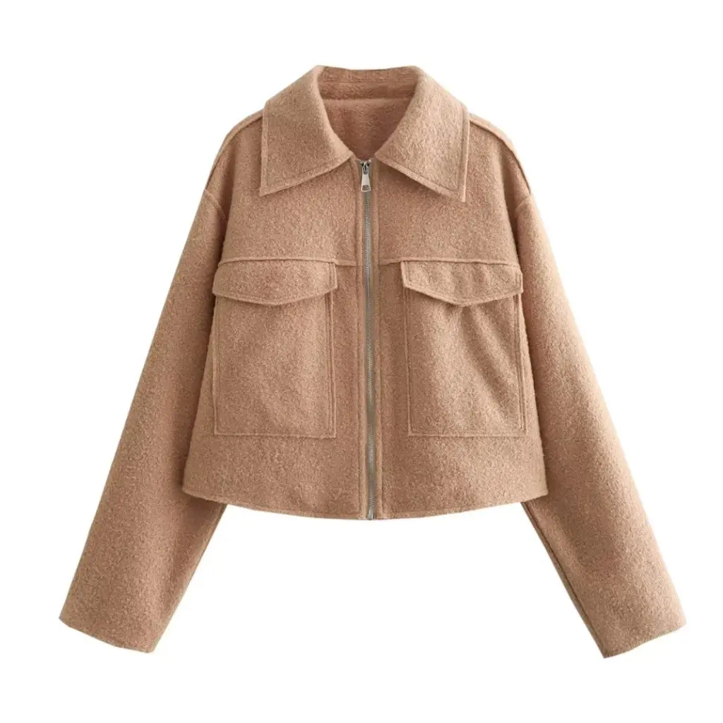 

Women's European American Style Woolen Coat Spring Autumn Lapel Large Pocket Zipper Short Long Sleeve Outerwear