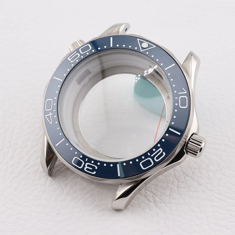 42mm Stainless Steel NH35 Case Mens Divers Watch with Blue Ceramic Bezel Insert for Seiko Mods Seamaster Mechanical Watch Part