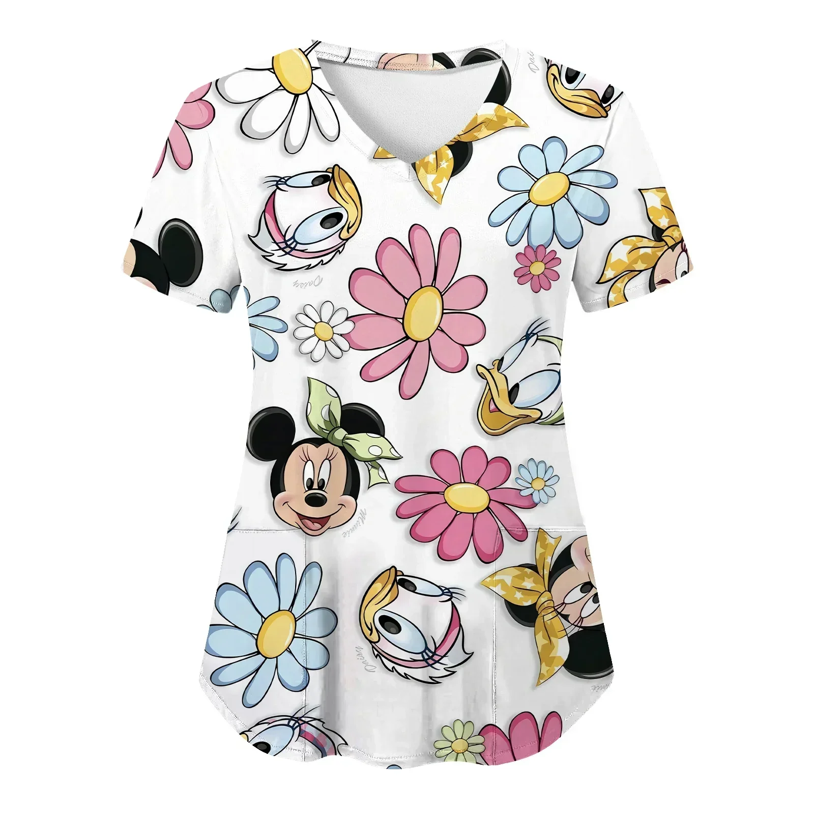 Minnie Mouse T-shirts V Neck Nurse Uniform T-shirt Mickey Top Women 2024 Pocket Woman Clothes Hospital Summer Tops Disney Tees