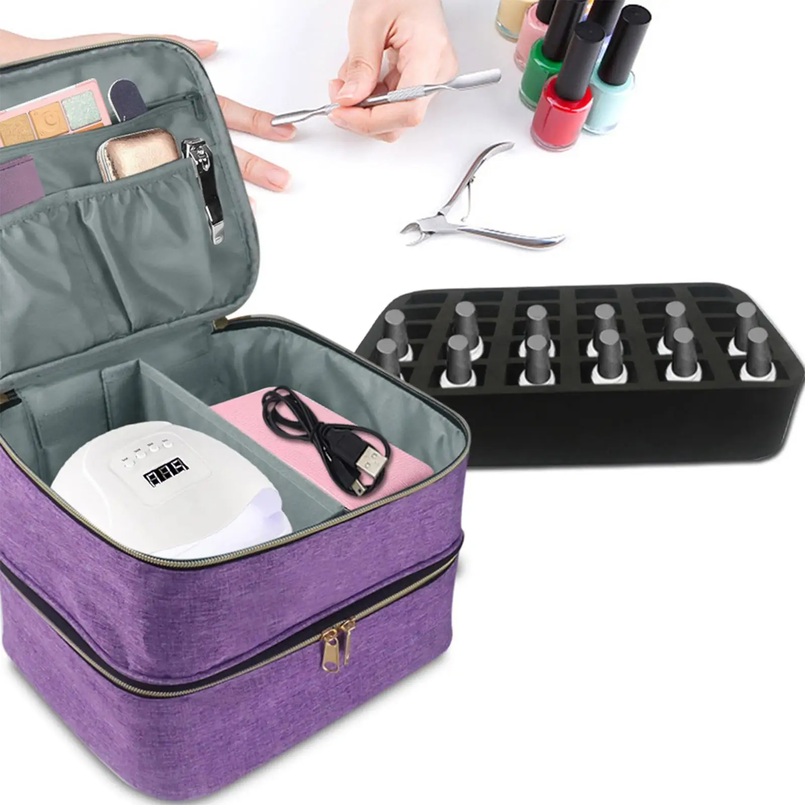 

Nail Polish Storage Organizer Bag Double Compartment Carrying Case for Manicure Tools and Cosmetics Travel Pouch